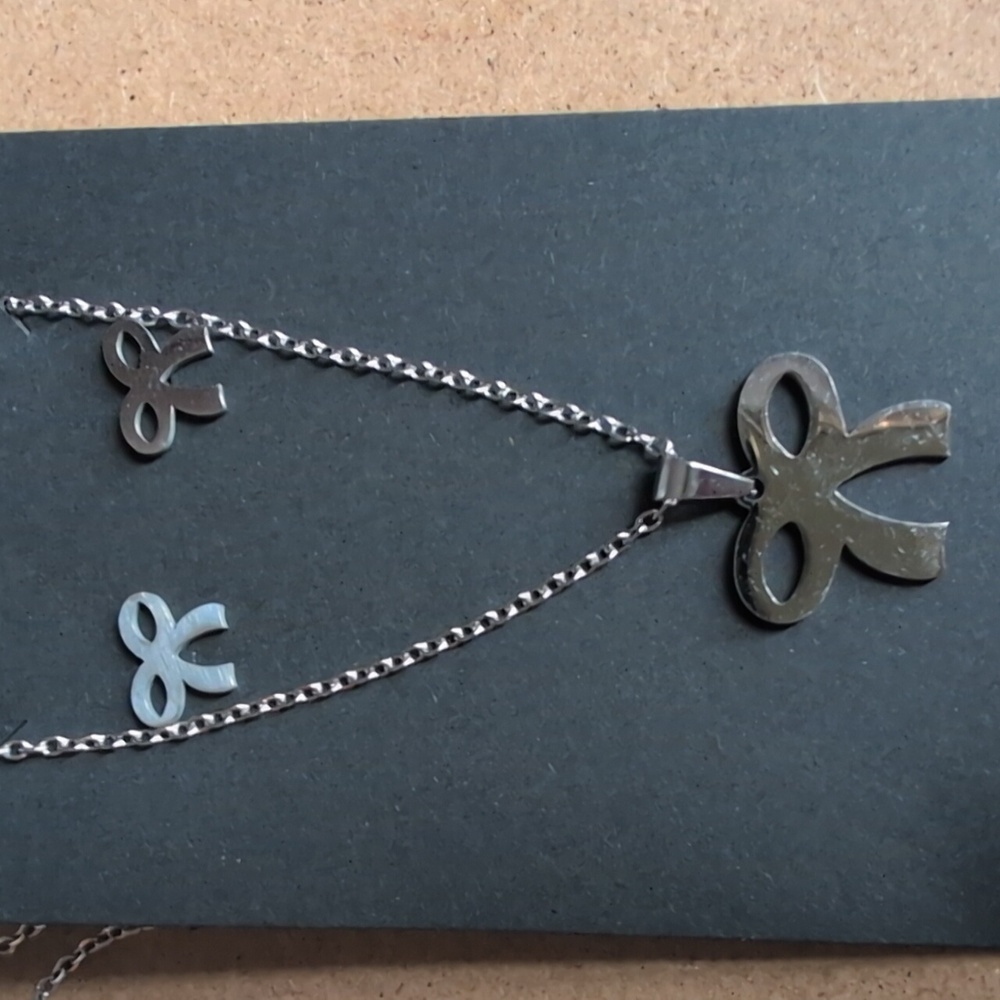 Dainty Stainless Steel Minimalist Silver Bow Necklace & Earrings Set